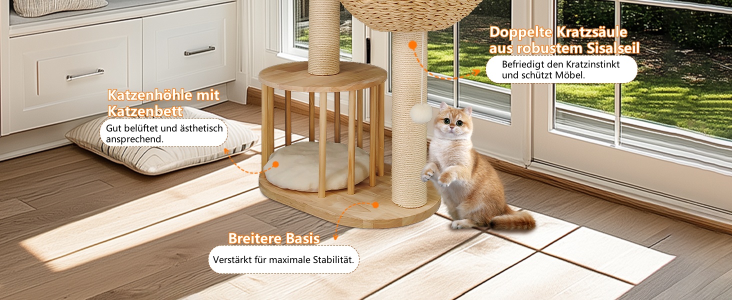 Дерев'яний кігтеточка для котів BingoPaw: сучасний комплекс 99 см з будиночком, м'ячиком та сизалевою колоною. Підходить для котів будь-якого віку.