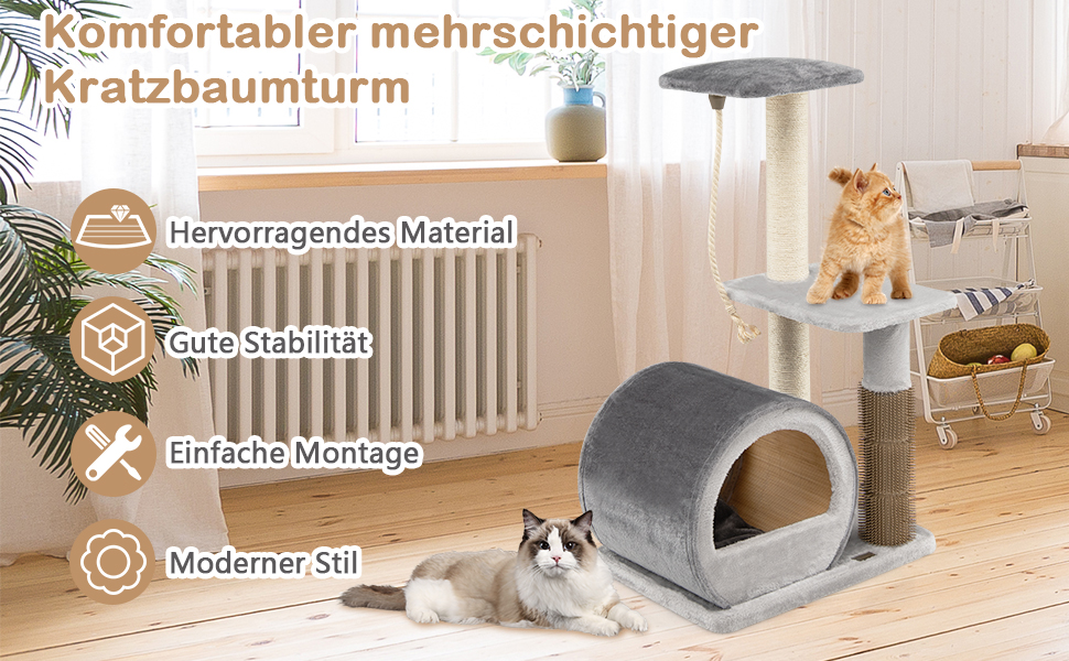 Дерев'яний кігтеточки для котів COSTWAY 92 см з печерою, бамбук, килимок, щітка, м'яч, кріплення, активний комплекс (сірий)