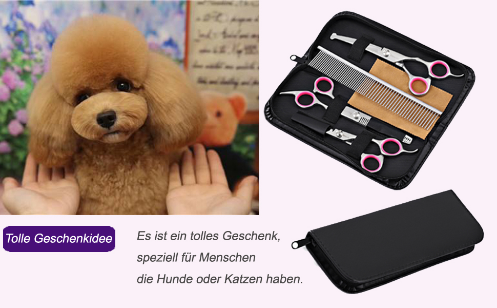Набір професійних ножиць для собак з безпечними закругленими кінчиками, прямі ножиці, ножиці для вичісування, ножиці для стрижки шерсті, вигнуті ножиці та гребінець для догляду за шерстю собак та котів