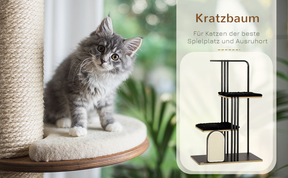 Когтеточка для котів PawHut, 128 см, з подушками та двома платформами, кігтеточка-катеральня зі сталевим каркасом, чорна