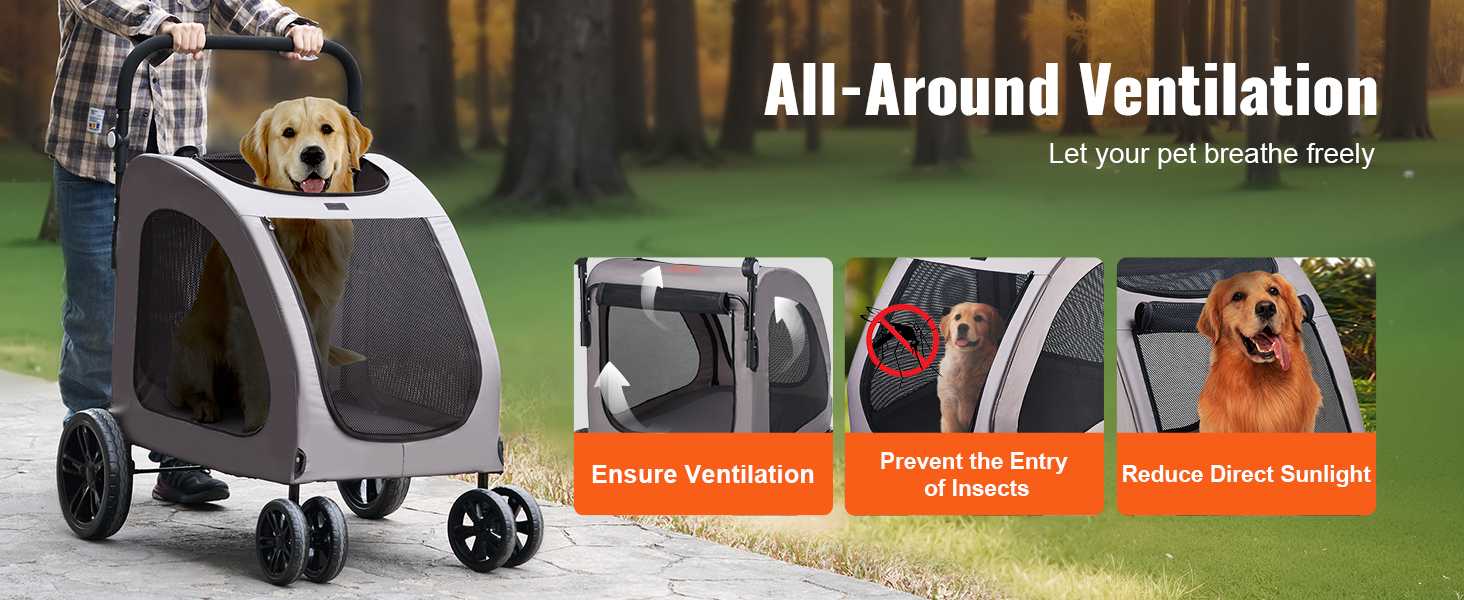 Візок для собак VEVOR, 79x91x113 см, 4 колеса з гальмами, до 73 кг, дихаючі вікна, регульована висота, 600D Oxford