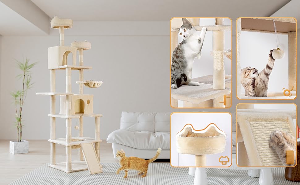 Двоповерховий котячий будиночок Vounot XXL (215 см), котячий комплекс з гамаком, корзиною та шматочками для дряпання, сірий та бежевий