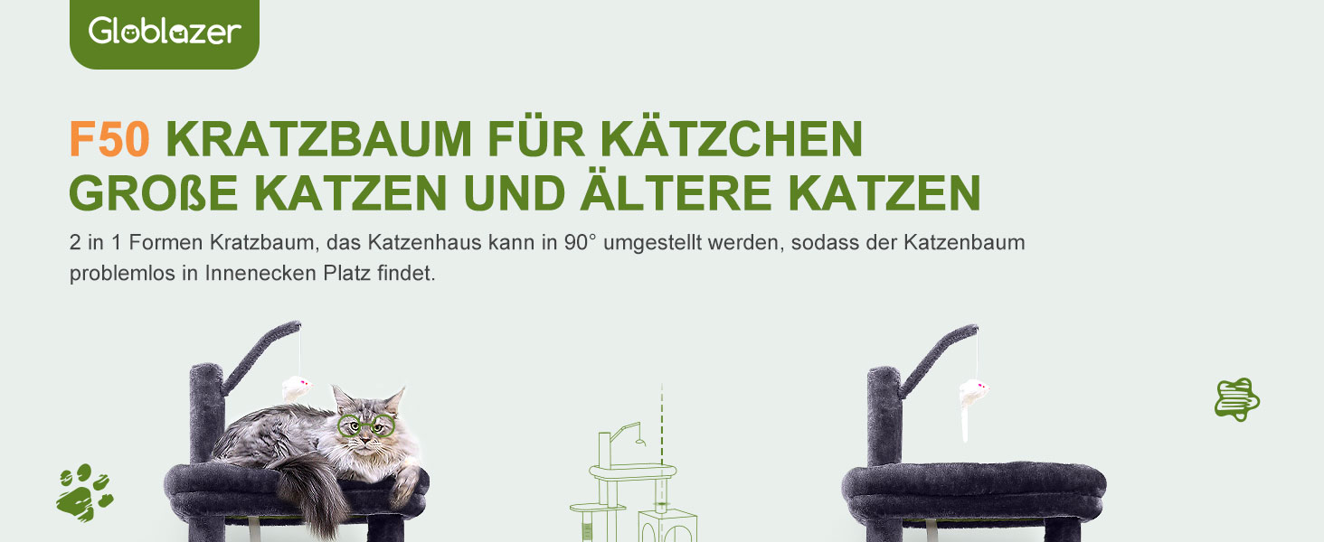 Дерево для котів Globlazer з міцною основою, 2 будиночки, поворотний на 90°, платформа з м'яким покриттям, когтеточка з сизалю, іграшки для котів, велике дерево для котів, дорослих котів та кошенят (XL, темно-сірий)
