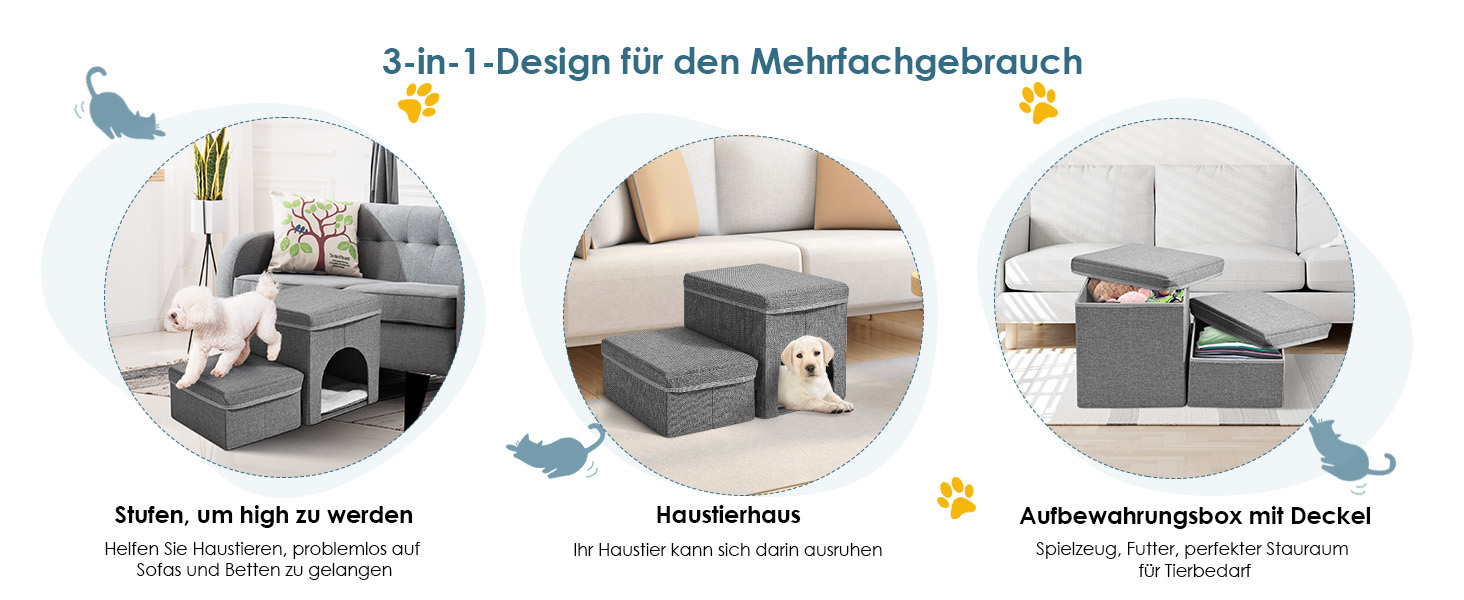 Сходинки для собак маленьких порід, 3 сходинки, складана, для котів та собак, з ящиками для зберігання, підійде для дивану та ліжка