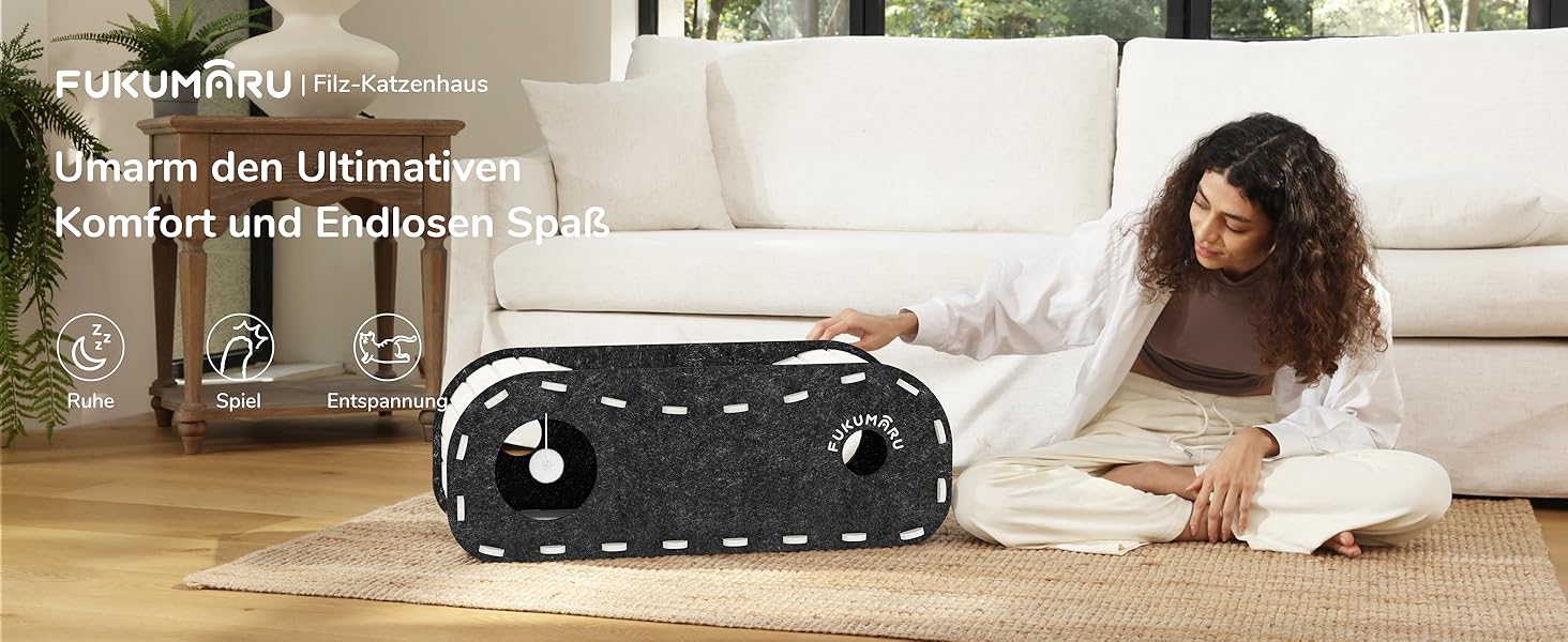 Кішка Будиночок FUKUMARU: Двошарове ліжко-печера з філцу, beige