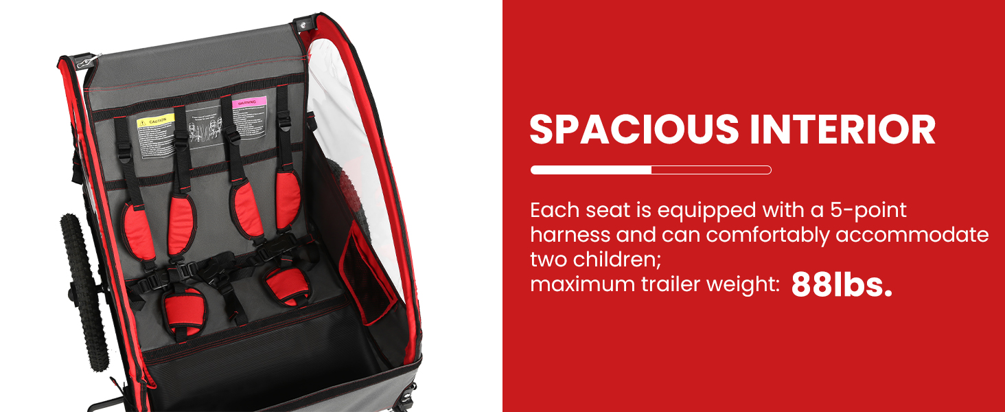 Дитячий велопричіп Sepnine для 1-2 дітей, від 12 місяців, швидко кріпиться, складаний, з 5-точковим ременем та кишеньками для зберігання. BT609-Червоний