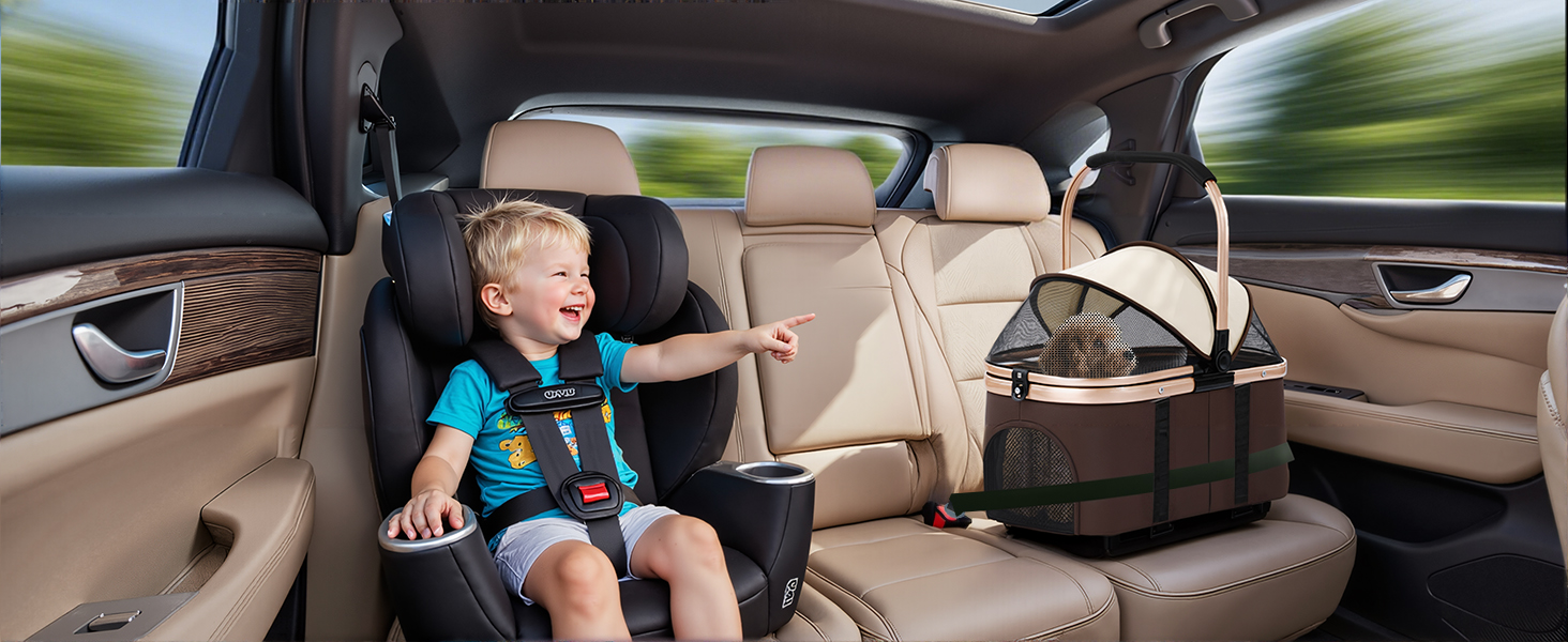 Візок для котів та собак Gimars 20кг, 4-в-1, складання, поворот 360°, гумові колеса, гальмо, захист від дощу, регульована ручка, хакі