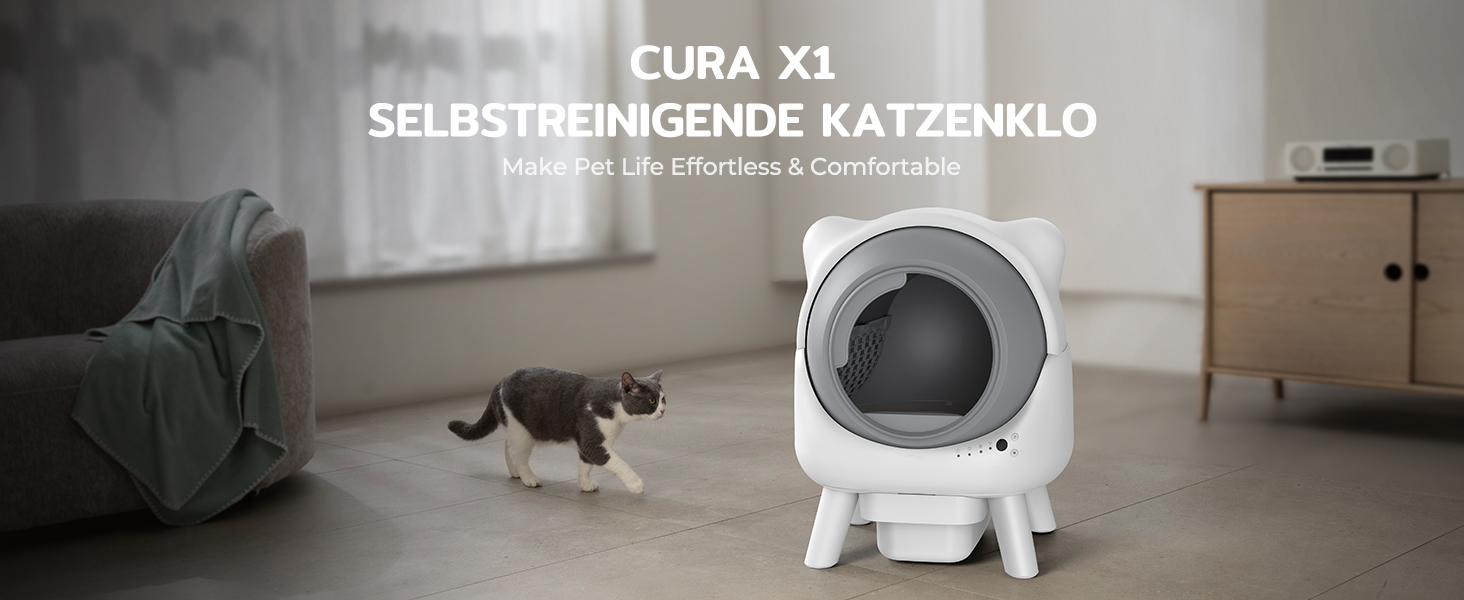 Автоматичний лоток для котів Cura X1 Katzenklo: самоочищення, 80+8 л, датчики безпеки, контроль через додаток, для кількох котів
