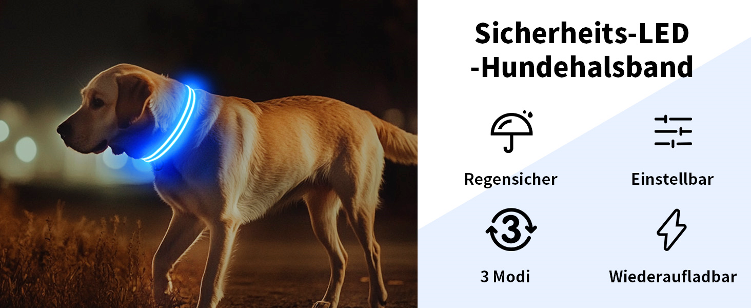 Світлодіодне нашийник для собак Leuchthalsband - світловий нашийник для собак, водонепроникний, 3 режими світіння, підходить для собак маленьких, середніх та великих порід