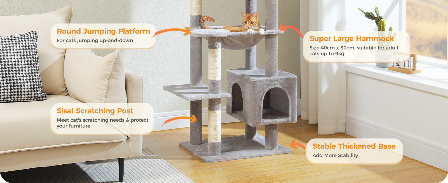 PAWZ Road Великий котячий комплекс з дряпалкою, 175 см, багатоярусний, для великих котів, будиночок з 5 дряпальних стовпів з сизалю, лоток, гамак та плюшеві лежанки, сірий