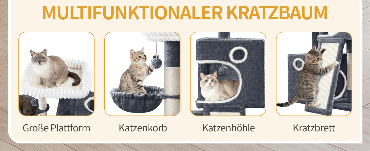 Дерево для котів Hzuaneri, 98 см: стійка конструкція, велика платформа, іграшкові м'ячики, печери, стовпчики для дряпання, дощечка для дряпання, темно-сірий MS10118SG