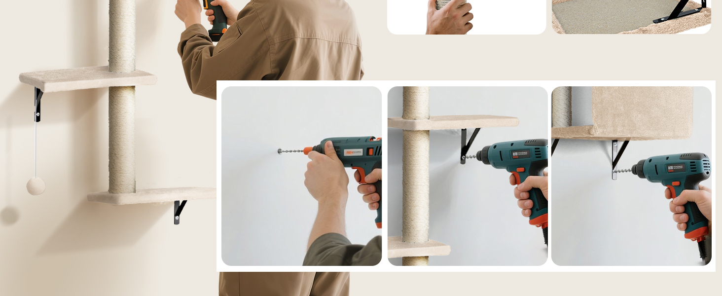 Кігтеточка-стіна для котів Eukue, комплект 10 елементів, великі настінні елементи з котячим будиночком, мостом та сизалевими стовпчиками, до 10 кг, бежевий колір