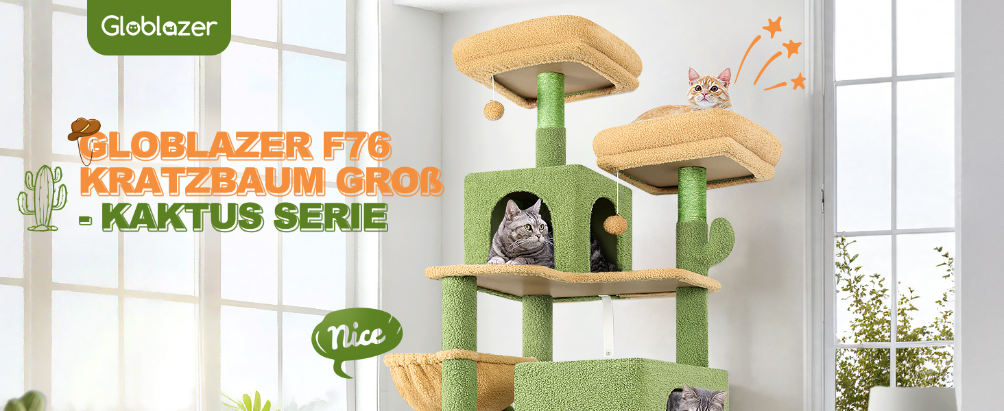 Драбина для котів Globlazer Kaktus XXL, 195 см: 2 будиночки, 2 стійки, гамак, кошик. Стабільна, для дорослих котів.