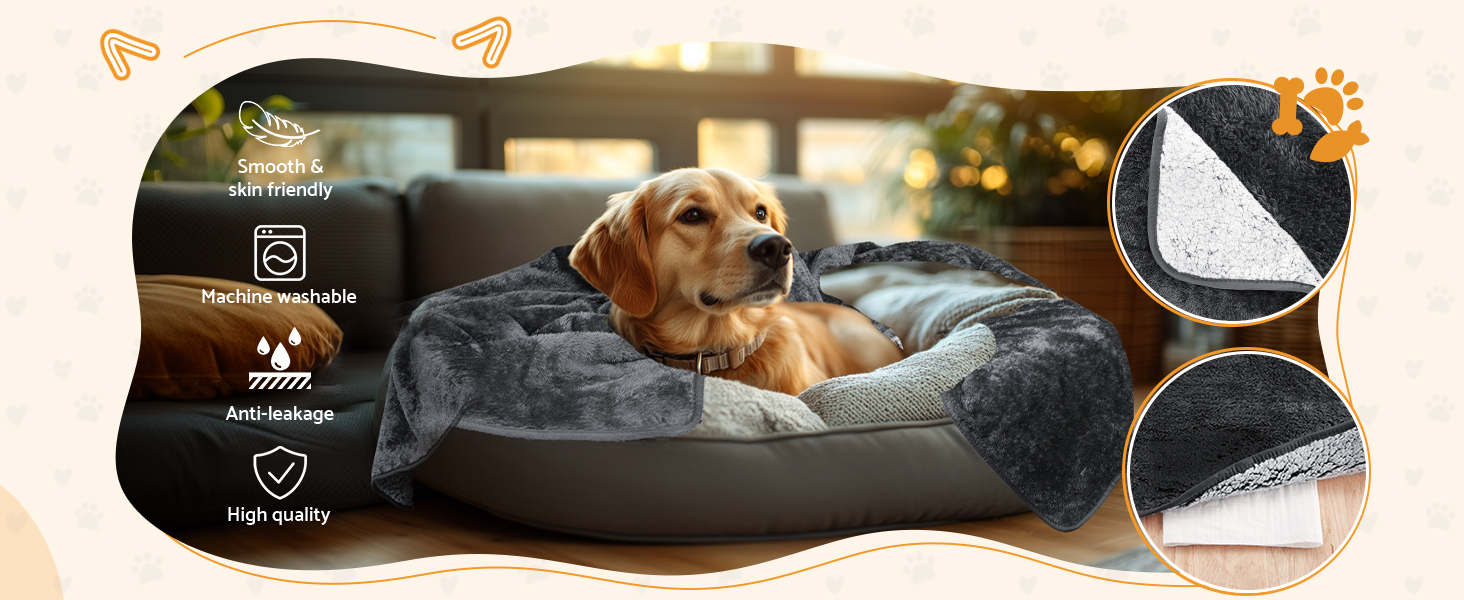 Водонепроникний килимок для собак 100x120 см (40x47 дюймів) - м'який, пухнастий, машинного прання, для собак середніх порід до 16 кг, чорно-білий, для дому та вулиці