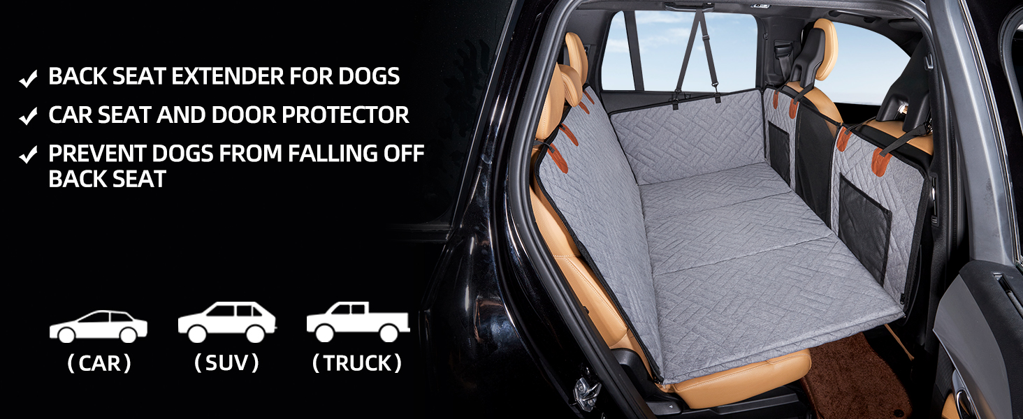 Задній сидіння для собак, жорсткий піддон (132x63,5 см), вантажопідйомність 40 кг, неслизька тканина Oxford для SUV/Kombi/Pick-up (Сірий, універсальний)