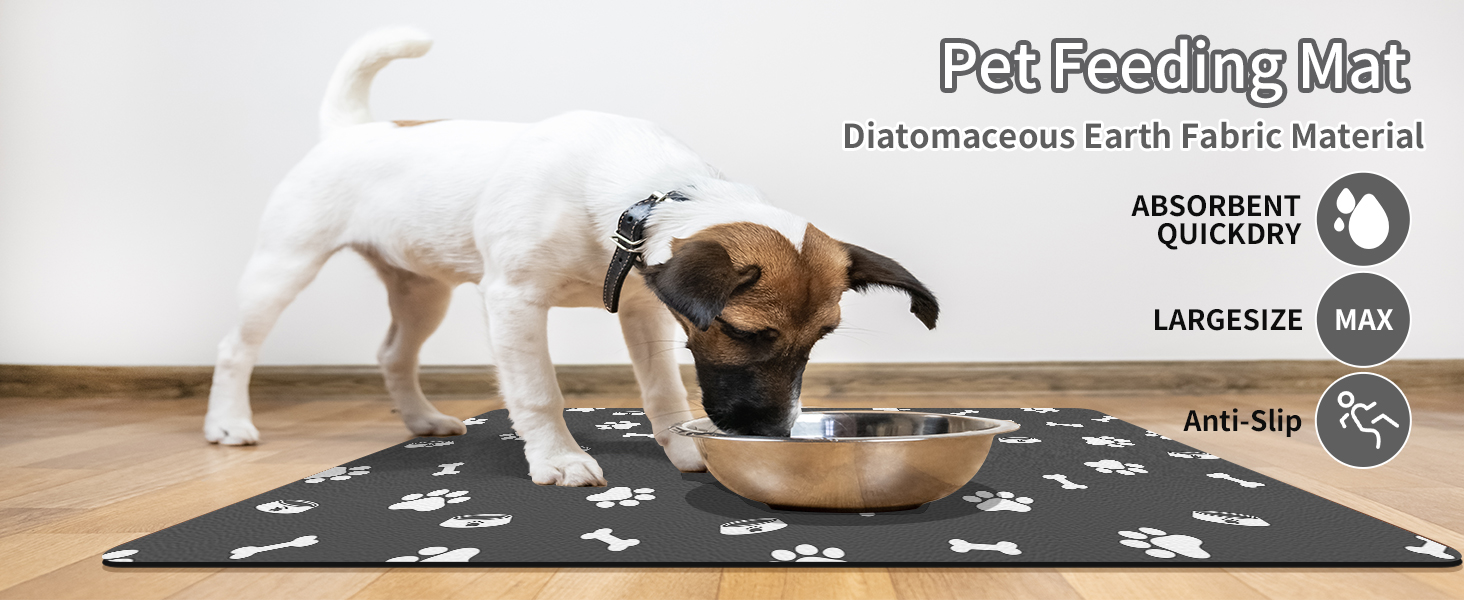 Підкладка для годівлі домашніх тварин – вбираюча підкладка під миски для їжі та води, без плям, швидковисихаюча (темно-сіра, з кількома лапами, 44.5 x 71 см)