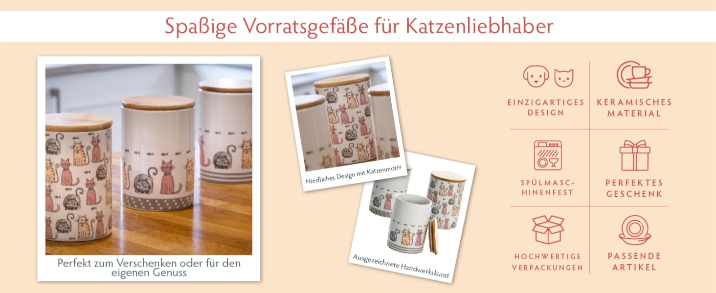 Набір контейнерів для зберігання SPOTTED DOG GIFT COMPANY з кераміки з кришкою, 3 шт. (1.2 л, котячий мотив)