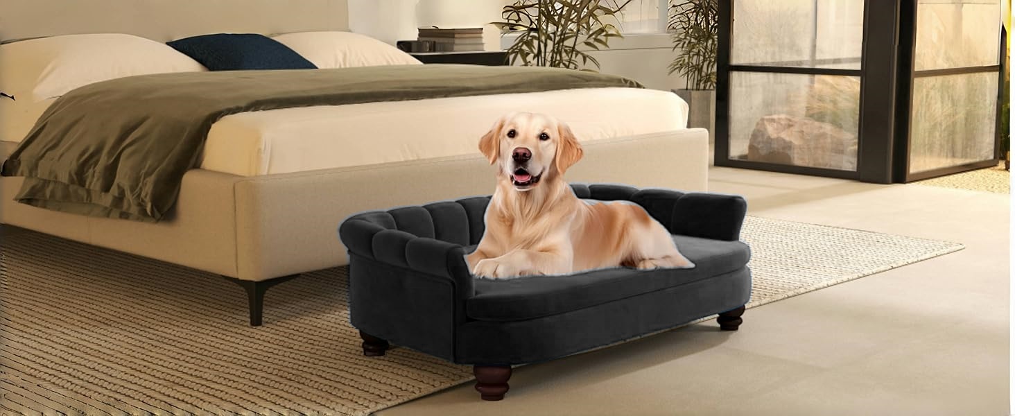 Диванчик для собак SEYNAR: зручний лежак для великих та середніх собак, м'яке велюрове покриття, міцні собачі меблі для вітальні, миється, чорний колір