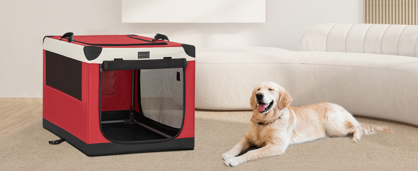 Транспортна переноска для собак Petsfit, велика, червона, розкладна, з міцної тканини та металевим каркасом