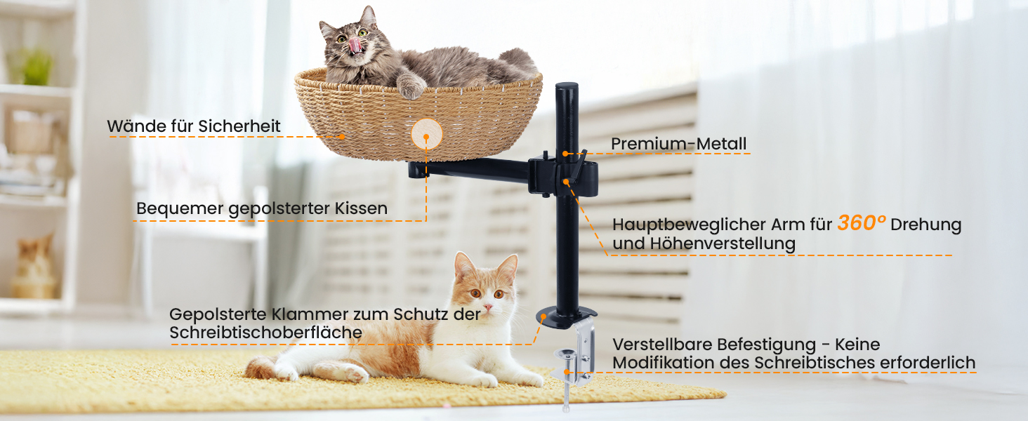 Кігтеточка-ліжко для кота на стіл: обертання 360°, регульована висота, без свердління. Підвищене котяче ліжко над столом. Тримає кошеня/кота поруч. Зручне ліжко для кота з подушкою для тварин.