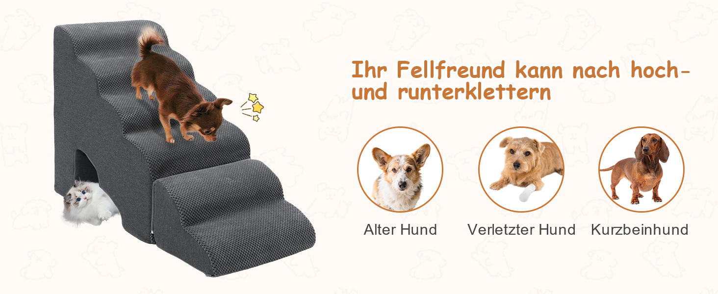 Східці для собак A.FATI 60 см, 6 сходинок, для ліжка, рампи для пружинного матрацу, неслизькі, для маленьких/травмованих собак та котів, темно-сірий колір