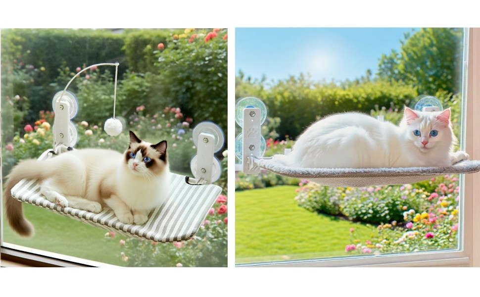 Кішка ліжко на вікно BnbnPup: гамак для котів з міцними присосками до 18 кг, знімний та перевертаний чохол, складна та стабільна конструкція (смужки, L)