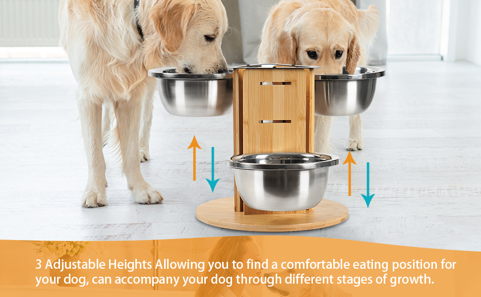 Підвищений годівниця для великих собак, регульована висота, 3 миски з нержавіючої сталі 1400 мл, годівниця-станція на 3 сторони, підставка для собак з дерева та срібла