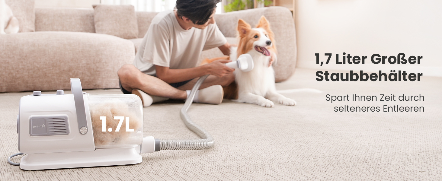 Pecute 2-в-1 Фен для собак, сушар для собак та пилосос, 1.7л контейнер для сміття, багатофункціональний набір для догляду за домашніми тваринами з тримером для собак та інструментами для грумінгу, підходить для цілорічного використання