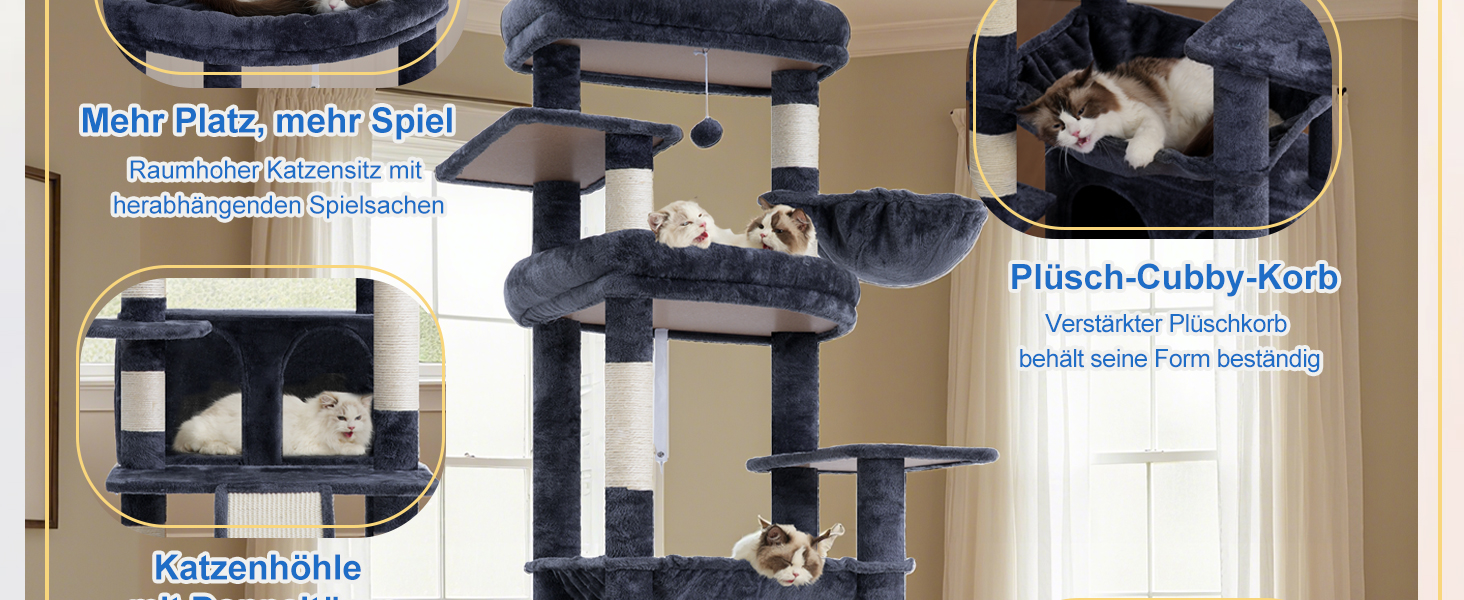 Драбина-будинок для котів Heybly HCT038W (Сірий) - 202 см з 2 платформами, будиночком, гамаком та сизалевим стовпом