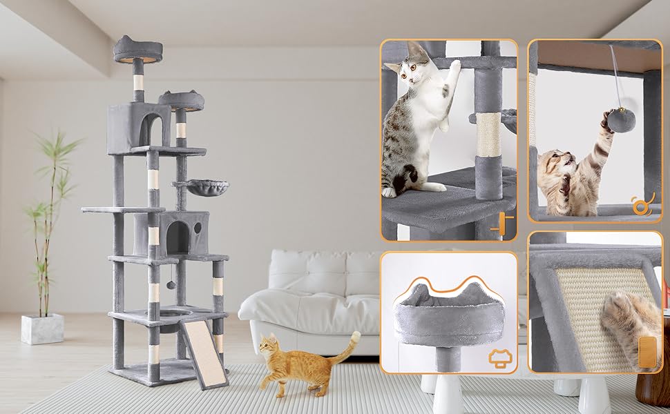 Двоповерховий котячий будиночок Vounot XXL (215 см), стійкий котячий комплекс з гамаком, корзиною та шматочками для дряпання, сірий
