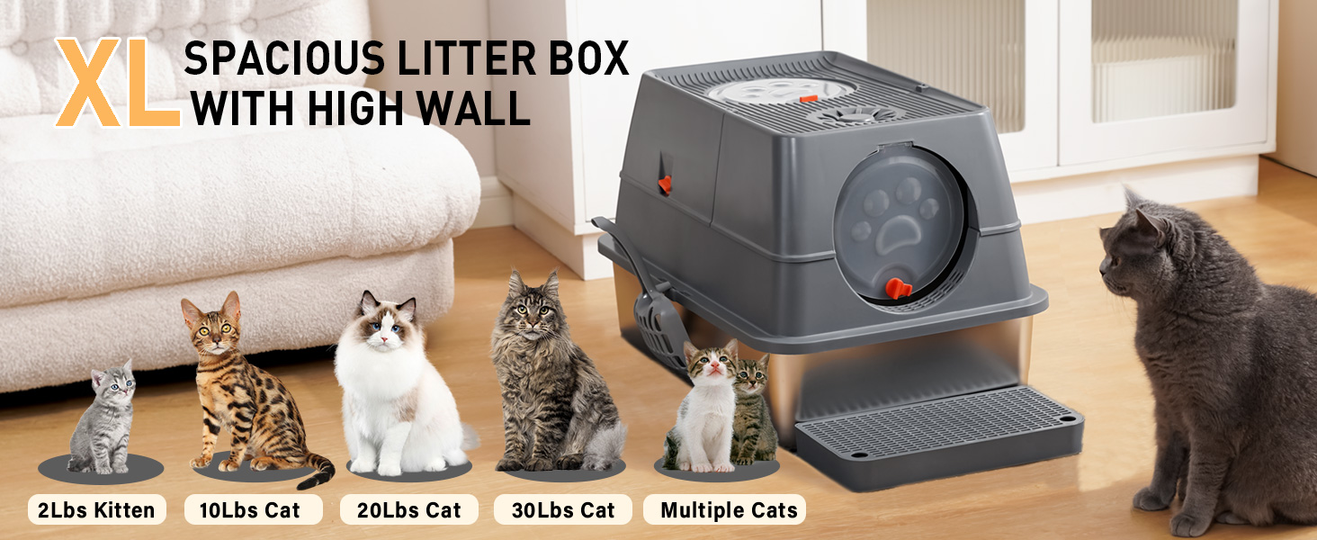 Лоток для котів Citylife Edelstahl з кришкою, XXL, закритий, з двошаровим килимком та совком, двостулковий, легко чиститься, з нейтралізацією запаху (Чорний)