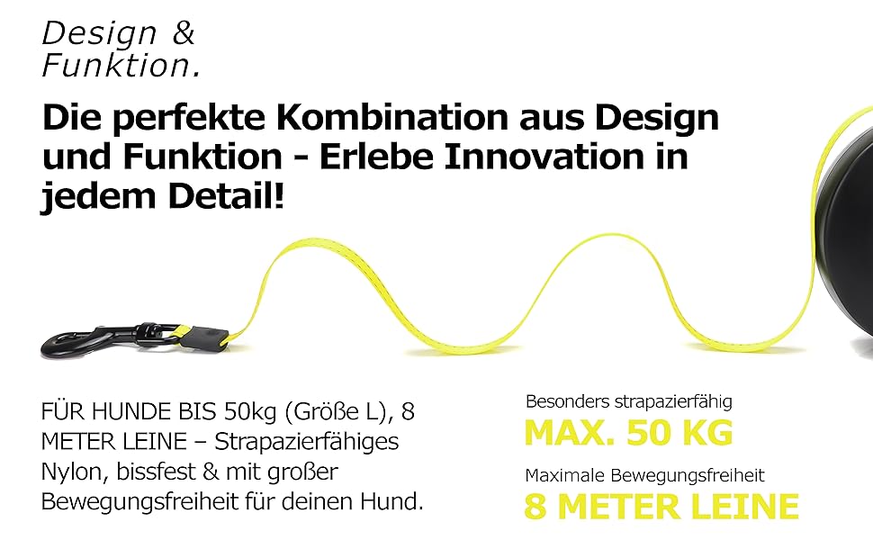 Рулетка для собак Bluzelle 8м, до 50кг, Neon-Yellow, з металевим карабіном 360°, зручний гумовий хват, стопорна система