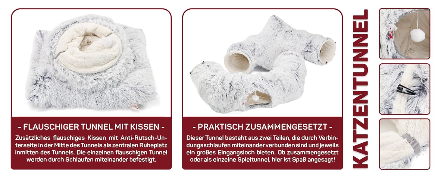 Канадський кіт | Преміум тунель для котів CUBI, XXL тунель з місцем для сну, з м'яким лежаком, для великих котів, 100 x 80 x 26 см (Сірий)