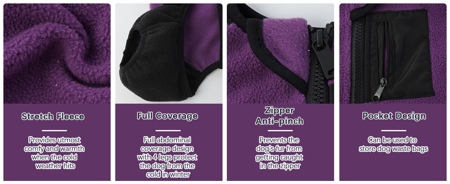 Пуловер для собак, тепла куртка з флісу, костюм для середніх собак, костюм-комбінезон з ніжками, пуловер для собак, теплий халат з флісу, костюм для собак Hunter Fleece (Хакі, фіолетовий)