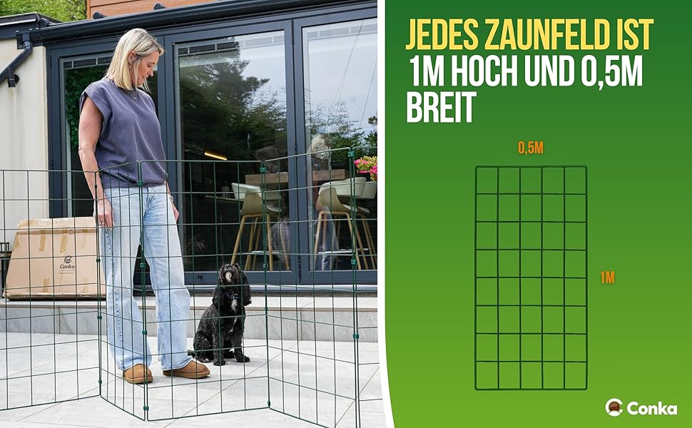 Захисний загін для собак Conka Pets – сітчастий дріт, 1 м заввишки, надійний, для середніх та великих собак. Легкий, складаний, мобільний – закриває проміжки до 1,5 м