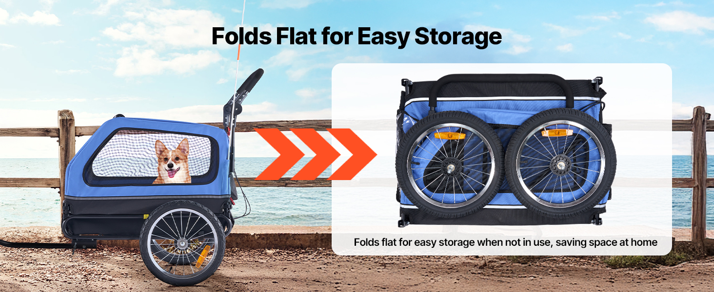 Причіп для собак VEVOR до 40 кг, 2-в-1, для маленьких та великих собак, з розкладним каркасом, універсальний з'єднувач, з прапорцем, внутрішній поводок, 1380x755x800 мм