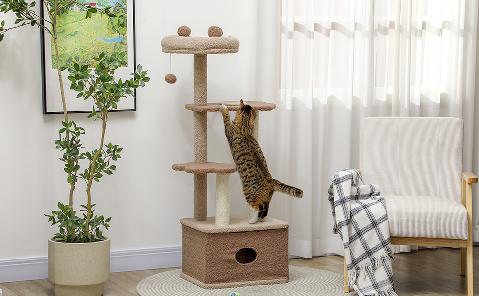 Кігтеточка PawHut для котів, 133 см: багатоярусна з платформами, кулькою та стійкою з джуту, коричнева