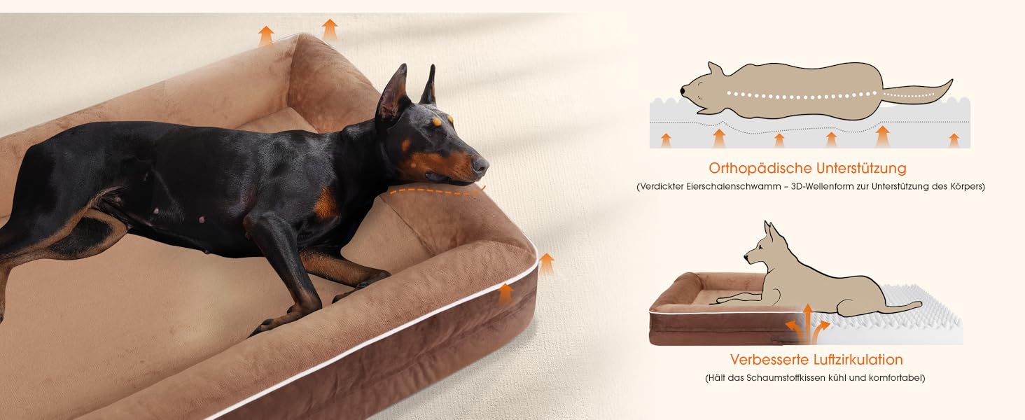 Ортопедичний лежак для собак XL, кошик для собак, що можна прати, з піною у формі яйця, водовідштовхувальний диван для собак з неслизьким дном та чотиристоронніми подушками (світло-коричневий, 117x76x19 см)