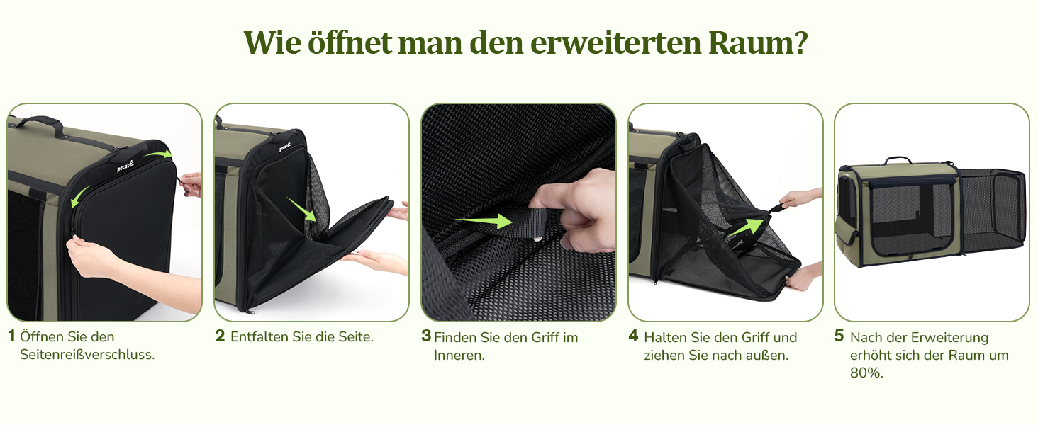 Pecute Розширювана переноска для котів та маленьких собак, переноска-трансформер, 61 x 52 x 45 см, для подорожей, темно-сірий, темно-зелений