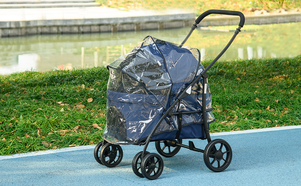 PawHut 2-в-1 візок для собак та котів з дощемником, складна конструкція, з 2 страхувальними ремінцями, для маленьких собак та котів, Оксфорд, темно-синій