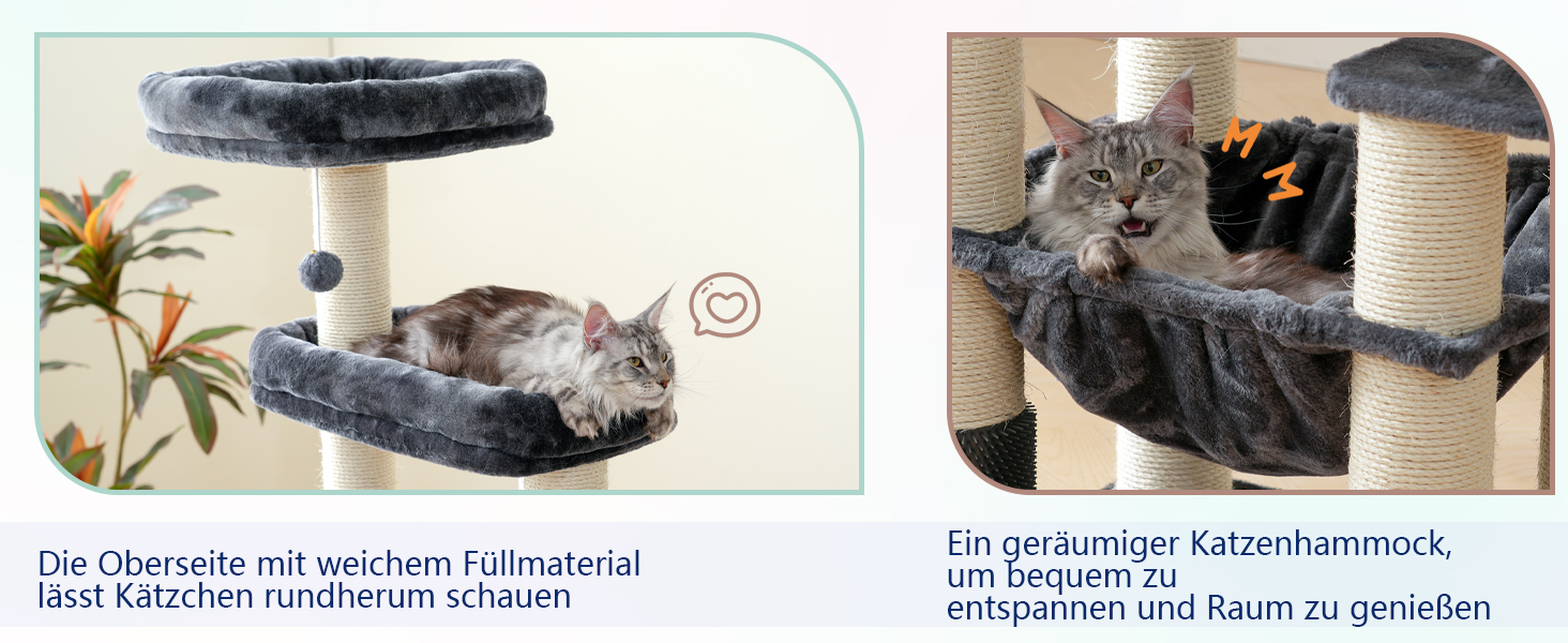 Кігтеточка XXL для мейн-куна, 168 см, з гамаком, сизаловим стовпом (φ11 см), коморою, корзиною, 2 платформами, EMPJ01M (димно-сірий)