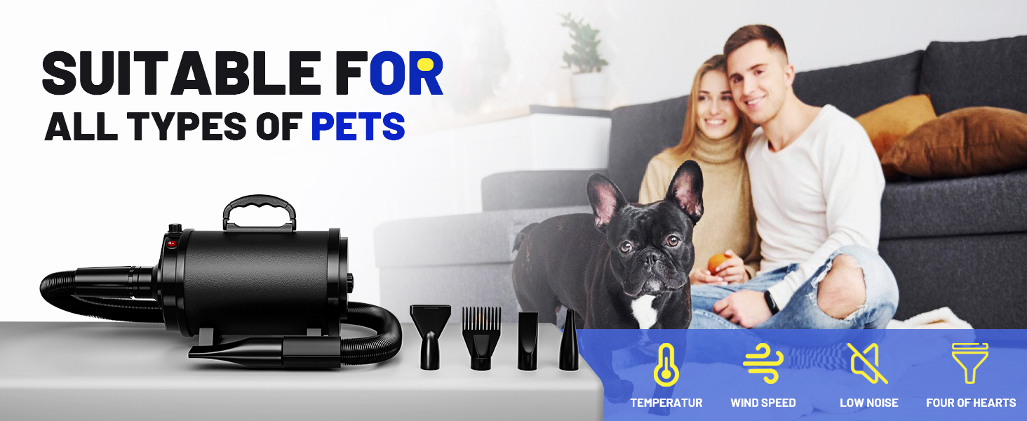 Фен для собак Blower - тихий, 4.5 PS / 3200W, регульована швидкість, з набором насадок