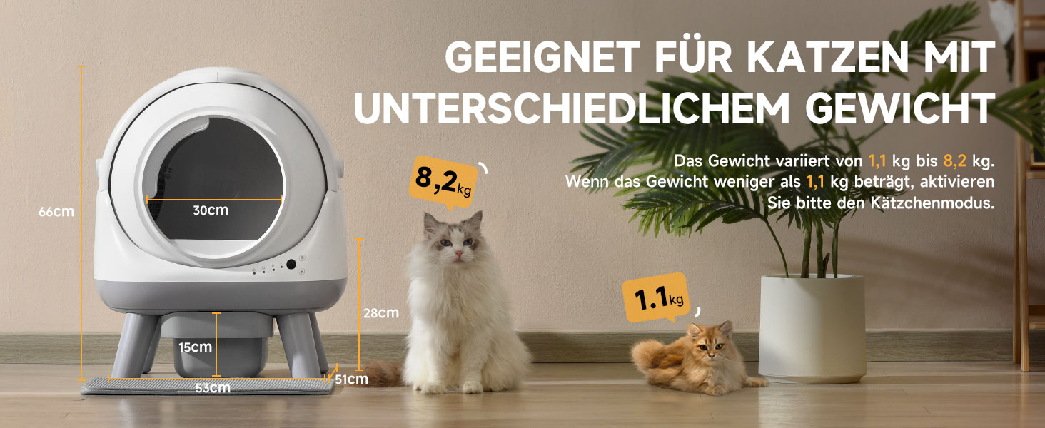 Автоматичний лоток для котів ELS PET з самоочищенням, захистом від розльоту, керуванням через додаток, без запаху, з килимком для котячого туалету та пакетами для сміття (для кількох котів) (Чорний та Сірий) (Білий Сірий)