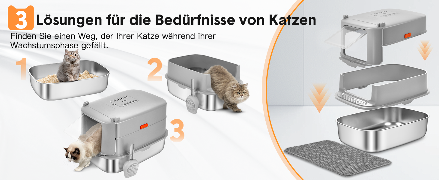 Котячий туалет Papettly з нержавіючої сталі з кришкою XXL, 30 л, високий знімний борт, килимок для туалету, легке очищення, 58x42x40 см