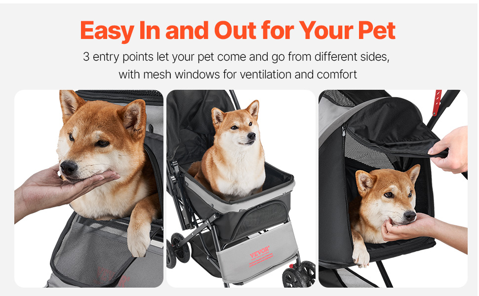 Візок для собак VEVOR, до 20 кг, складаний, 4-колісний, з сітковими віконцями та змінним ручками, з гальмом, для маленьких та середніх тварин
