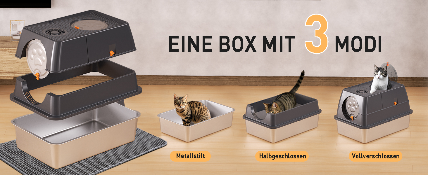 Місцезнаходження Katzenklo Edelstahl з кришкою, XXL туалет для котів закритий з двома відсіками для наповнювача, килимок для наповнювача та лопатка, двостулковий дизайн, легко чистити, утримує запах, сірий