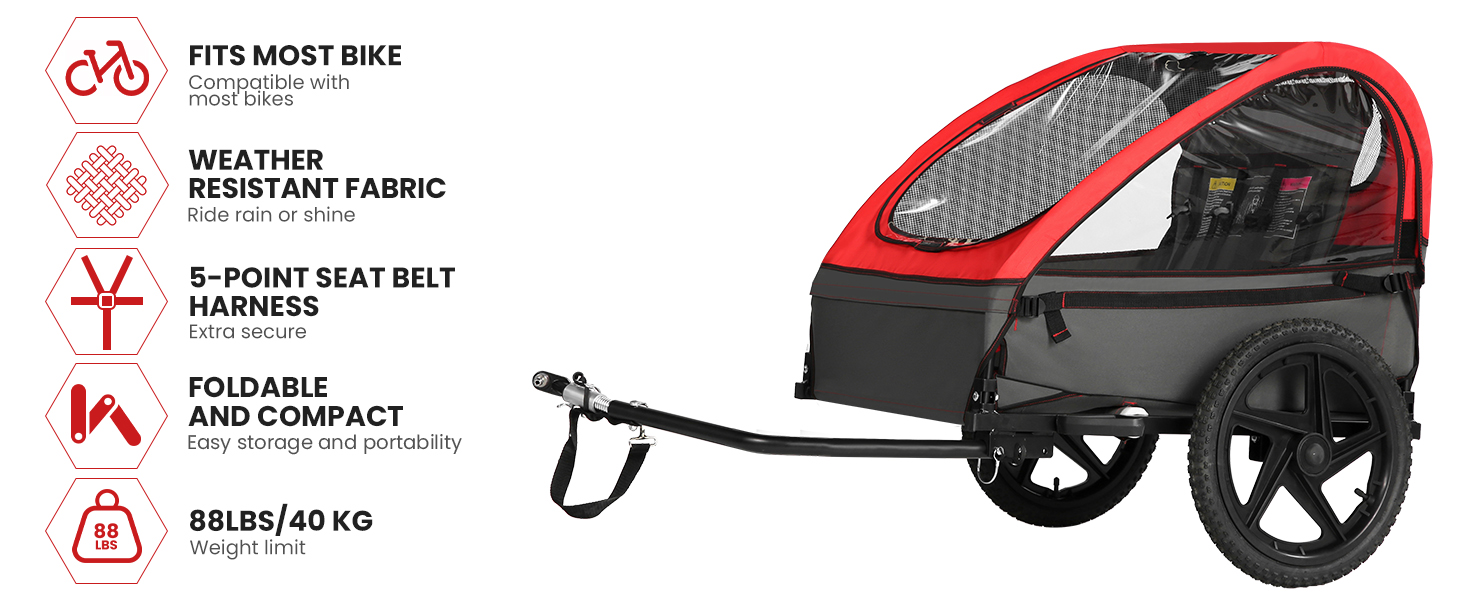 Дитячий велопричіп Sepnine для 1-2 дітей, від 12 місяців, швидко кріпиться, складаний, з 5-точковим ременем та кишеньками для зберігання. BT609-Червоний