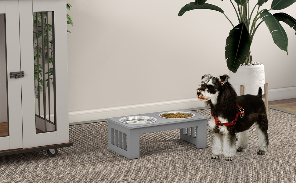 Підвищений годівниця для собак PawHut з 2 мисками, 900 мл, нержавіюча сталь, для маленьких собак та котів, білий, сірий (44 x 24 x 15 см)