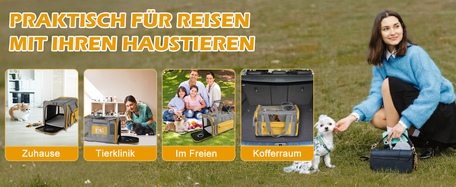 Транспортна переноска Pawinner для котів та собак, 45x33x33 см, з візком для авто та літака, складана, дихаюча, до 9 кг (Сірий, Світло-жовтий)