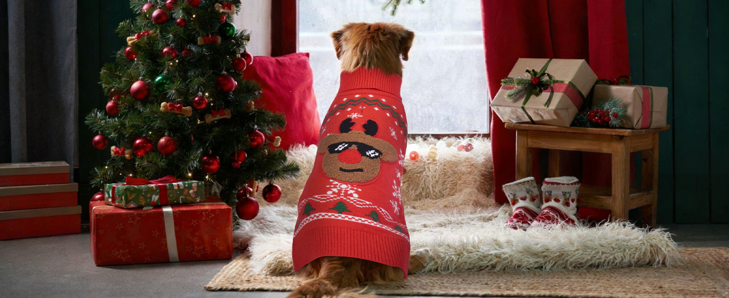 Пуловер для собак на Різдво, м'який та теплий, з відкидним коміром, для собак середнього розміру, в'язаний пуловер для осені та зими, для Французького бульдога, M (5-7 кг), червоний